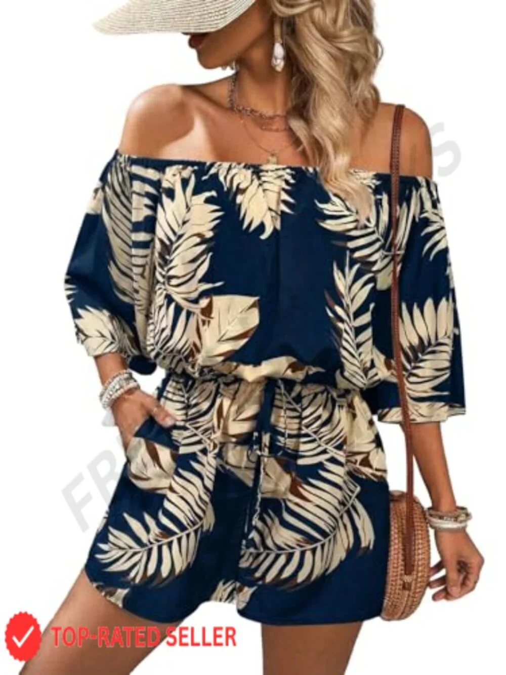 Boho Off Shoulder Romper Flutter Sleeve Drawstring Waist Vacation Playsuit
